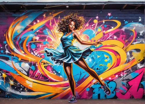 A girl with a sparkling cloth twirling under the spotlight on a stage.,dance with canvases,artistic roller skating,graffiti art,street dancer,street artists,neon body painting,street artist,graffiti,s