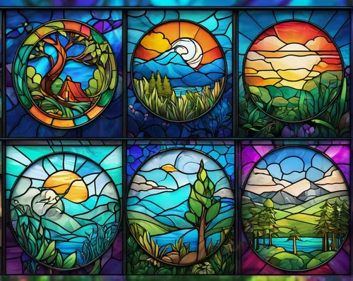 Imagine a whimsical Microsoft icons pack inspired by nature and the outdoors.,stained glass windows,stained glass,church windows,stained glass window,hare window,mosaic glass,stained glass pattern,pan