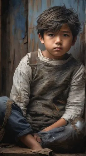 PAINTING OF A BOY USING INTANKING AND FEATHER WASH TECHNIQUE, WITH A SAD FACE, SITTING IN ABANDONMENT, CREATING A MANGA STYLE RENDERING,pakistani boy,child portrait,nomadic children,lonely child,pover