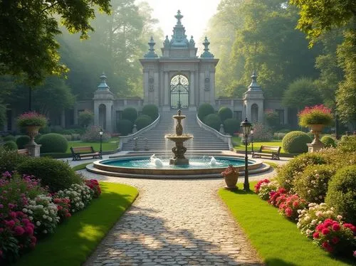 Classic European garden, symmetrical layout, majestic stone fountain, grand staircase, ornate metal gates, lush green grass, vibrant flower beds, colorful blooming bushes, towering trees, walking path