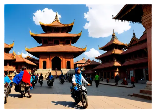 Kathmandu cityscape, Durbar Square, ancient architecture, intricate carvings, ornate temples, vibrant colors, Nepalese flags, crowded streets, local people, traditional clothing, motorbikes, rickshaws