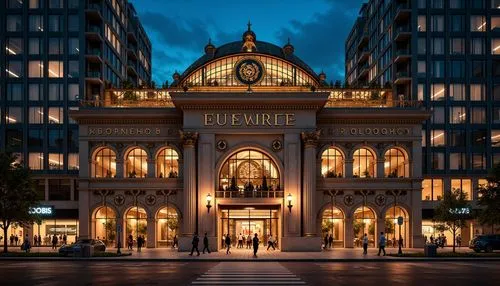 Grandiose energy plant, neoclassical fa\u00e7ade design, ornate details, symmetrical composition, Corinthian columns, arches, domes, intricate moldings, metallic accents, bronze tones, grand entrance,