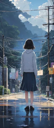 studio ghibli,girl walking away,rainy,walking in the rain,rainy season,after rain,after the rain,rainy day,my neighbor totoro,blue rain,atmosphere,stroll,crossing,the road,walk,darjeeling,pedestrian,rain field,rain,drop of rain,Illustration,Japanese style,Japanese Style 09