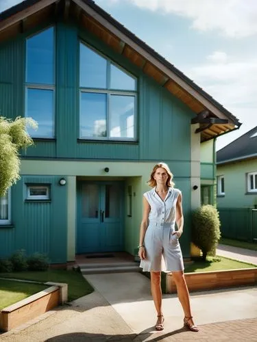 Miss Caroline Maurer in front of her German single-family home bungalow in the city center in a bright daylight atmosphere,a woman wearing a blue jumpsuit in front of a blue house,bungalow,smart house