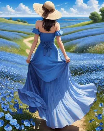 country dress,girl in a long dress,blooming field,springtime background,field of flowers,spring background,landscape background,summer meadow,meadow landscape,blue painting,flowers field,flower field,blue butterfly background,world digital painting,flower background,flower painting,countrygirl,forget-me-not,girl in a long dress from the back,blue flax,Conceptual Art,Daily,Daily 32