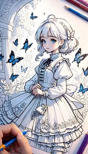 coloring,alice,colouring,coloring outline,crinoline,doily,illustrator,meticulous painting,painting pattern,blue chrysanthemum,coloring picture,lineart,blue birds and blossom,fairy tale character,line-art,copic,hand-drawn illustration,hoopskirt,carnation coloring,dove,Anime,Anime,Cartoon