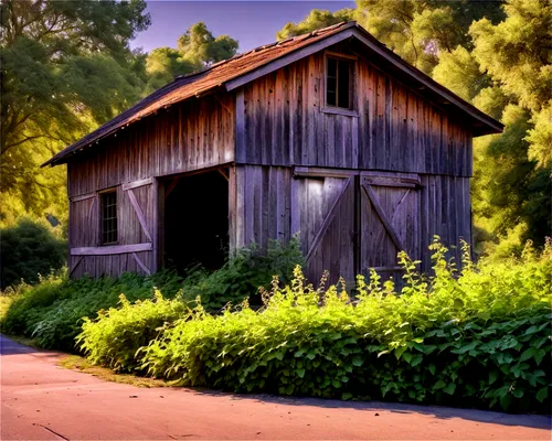 Rustic barn, rural landscape, old wooden structure, weathered roof, worn doors, stone foundation, overgrown with vines, afternoon sunlight, soft focus, warm color tone, 3/4 composition, shallow depth 