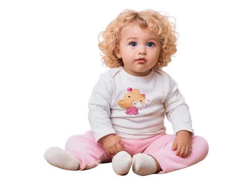 Vestruz Bebe, cute baby, 1-year-old, chubby cheeks, big round eyes, blonde hair, curly bangs, pink lips, rosy complexion, white onesie with cartoon characters, soft toys in hand, sitting on floor, mor