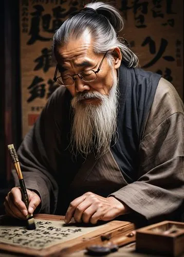 Traditional Chinese caligrapher, old wise man, long white beard, worn-out glasses, messy hair, traditional Chinese clothing, holding brush, concentrated facial expression, writing on rice paper, intri