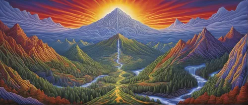 the spirit of the mountains,mountain sunrise,mountain scene,fire mountain,stratovolcano,mountain landscape,mountain peak,mountain highway,mountainous landscape,high mountains,volcano,pachamama,mountain spirit,mountain road,mountain,the landscape of the mountains,mountain world,mountains,cascades,5 dragon peak,Illustration,Abstract Fantasy,Abstract Fantasy 21