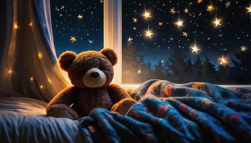 teddy bear waiting,teddy-bear,bear teddy,cuddly toys,3d teddy,teddy bear,teddybear,plush bear,ursa major,cute bear,night stars,cuddling bear,teddy bears,scandia bear,baby stars,night image,ursa major zodiac,children's background,hanging stars,colorful stars,Photography,Artistic Photography,Artistic Photography 02