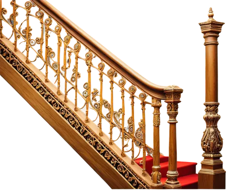 Banister, stair railing, wooden material, ornate carvings, golden decorations, curved lines, luxurious atmosphere, low-angle shot, dramatic lighting, warm color tone, detailed textures, intricate deta