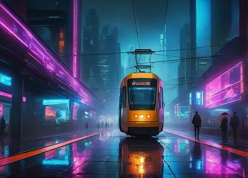 Midjourney architecture, futuristic cityscape, skyscrapers, neon lights, misty atmosphere, city streets, pedestrian bridge, modern tram, holographic advertisements, cyberpunk theme, rainy night, refle