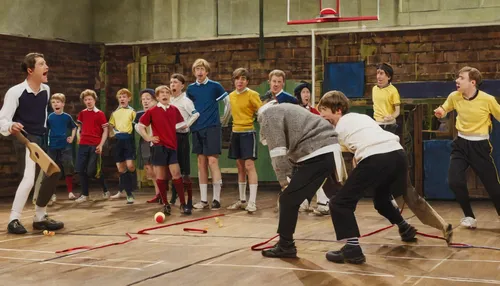 Craft a funny and lighthearted scene of beginners struggling to learn a new sport.,rope skipping,real tennis,juggling club,indoor field hockey,sport aerobics,ball badminton,dodgeball,fencing,floor hoc