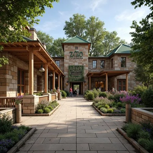 Rustic zoo entrance, stone wall facades, wooden signage, educational exhibits, animal enclosures, naturalistic habitats, textured concrete pathways, green roofs, overhanging eaves, ornate metal railin