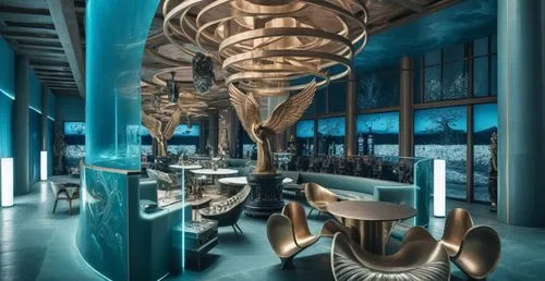 a restaurant is lit up by colorful lights,futuristic art museum,mercedes museum,artscience museum,orrery,engine room,armamentarium,Photography,General,Fantasy