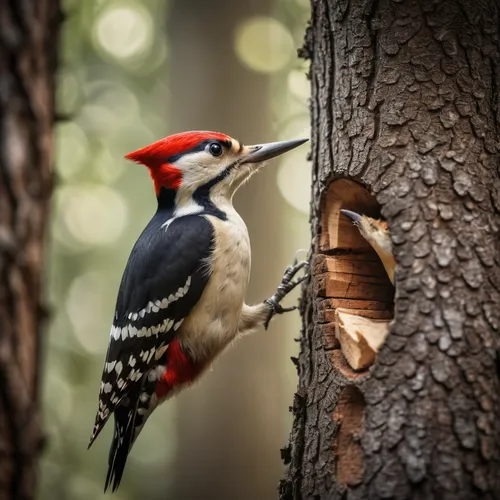 Woodpecker pecking at a tree trunk in a forest,woodpecker,pileated woodpecker,woodpecker bird,great spotted woodpecker,acorn woodpecker,flicker woodpecker,red headed woodpecker,red-bellied woodpecker,