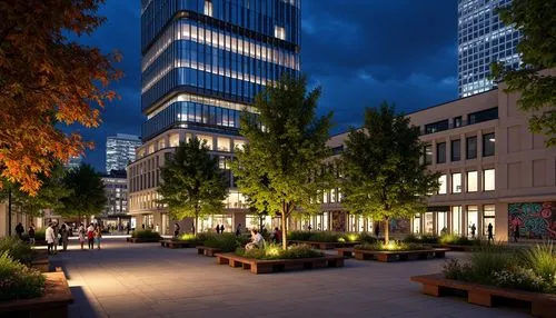 broadgate,marunouchi,brindleyplace,potsdamer platz,hafencity,benaroya,urban park,broadmead,citycenter,aldersgate,harborplace,mediacityuk,the park at night,inlet place,landscaped,biopolis,city corner,business district,waterplace,nauerner square