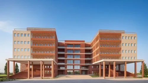 Create the exterior façade of a modern university building with a strong emphasis on brick jali work. The design should integrate a balance of tradition and contemporary architecture, with intricate b