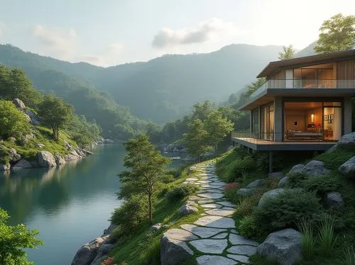 house in mountains,house in the mountains,house by the water,house with lake,summer cottage,home landscape,the cabin in the mountains,dreamhouse,floating huts,beautiful home,summer house,3d rendering,cliffside,forest house,holiday villa,seclude,teahouse,asian architecture,fallingwater,render,Photography,General,Realistic