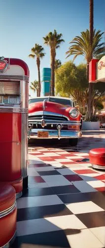 retro diner,tailfins,route 66,tail fins,american classic cars,car hop,drive in restaurant,fifties,car dealership,classic car and palm trees,classic cars,50's style,vintage cars,dealerships,retro car,hotrods,retro automobile,retro vehicle,holiday motel,photorealism,Conceptual Art,Daily,Daily 19