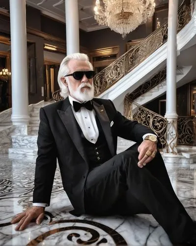 Luxurious mansion, wealthy entrepreneur, mature gentleman, white hair, beard, sunglasses, black tuxedo, gold watch, cigar, marble floor, grand staircase, crystal chandelier, expensive artwork, lavish 