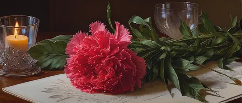 Write a romantic scene with a delicate feather carnation as the centerpiece.,torch ginger,carnations arrangement,feather carnation,gymea lily,schopf-torch lily,red carnations,carnations,still life of 