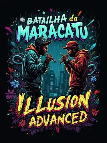 Create a highly detailed design for a black t-shirt featuring the name "Illusion Advanced" with elements inspired by a rap battle, with a strong focus on the event "Batalha da Maracatu" in Brazil. The