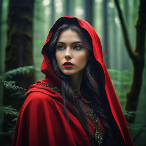 red riding hood,little red riding hood,red coat,red cape,scarlet witch,sorceress,red tunic,the enchantress,mystical portrait of a girl,vampire woman,cloak,fantasy woman,queen of hearts,snow white,faery,fairy tales,priestess,elven,fantasy portrait,fairy tale icons,Photography,Artistic Photography,Artistic Photography 12