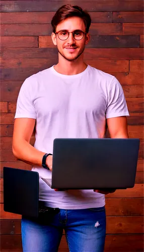 Modern photographer, male, 30s, casual wear, jeans, white T-shirt, brown hair, glasses, holding DSLR camera, laptop computer, editing software, wooden desk, studio lighting, shallow depth of field, wa