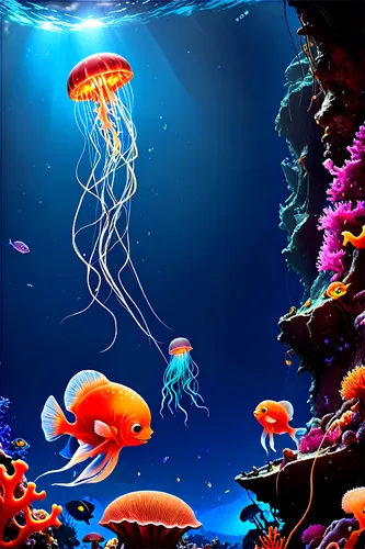 underwater background,aquarium,coral reef,jellyfish,underwater landscape,undersea,underwater world,deep coral,under the sea,jellyfishes,deep sea,jellyfish collage,sea life underwater,seaquarium,ocean underwater,ocean floor,ocean background,under sea,anemone fish,aquarium inhabitants,Conceptual Art,Oil color,Oil Color 21