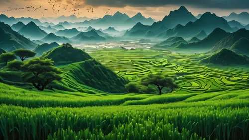 rice fields,green landscape,landscape background,ricefield,mountainous landscape,fantasy landscape,rice field,the rice field,mountain landscape,rice paddies,rice terrace,vietnam,green fields,world digital painting,green wallpaper,mushroom landscape,karst landscape,nature landscape,rice terraces,mountainous landforms,Photography,General,Fantasy