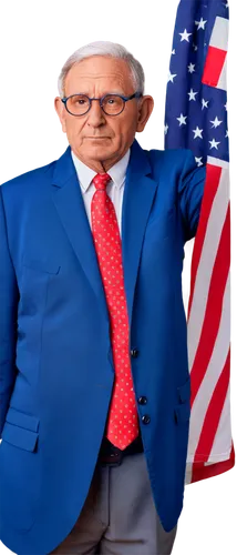 Patriotic old man, serious facial expression, wrinkles, gray hair, glasses, blue suit, white shirt, red tie, hands behind back, standing, American flag in background, warm lighting, shallow depth of f