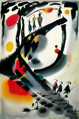 abstract, white art piece with people in it,lascaux,penck,kandinsky,degrazia,skaters,watercolourist