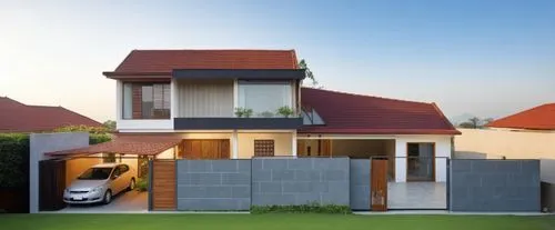 buatlah suasana rumah yang mewah dan asri. dengan atap genteng ada garasi mobil di depannya, dan fasad yang menarik,3d rendering,modern house,residential house,cubic house,render,house shape,homebuild