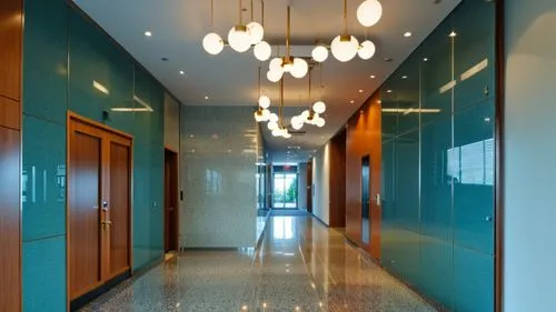 lobby, entrance, photorealistic,a long corridor is lit up with several lights,hallway,hallway space,corridor,corridors,foyer,hotel hall,hallways,entryways,entranceway,entryway,contemporary decor,lobby