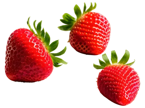 Two strawberries, fresh, ripe, red skin, green leafy tops, juicy flesh, sweet aroma, gentle shadows, soft natural light, 3/4 composition, shallow depth of field, vibrant color tone, macro photography 