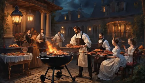 Write a spooky story about a haunted barbeque grill that comes to life during a midnight cookout.,celebration of witches,barbecue,outdoor cooking,candlemas,cookery,barbeque,tavern,caterer,the night of