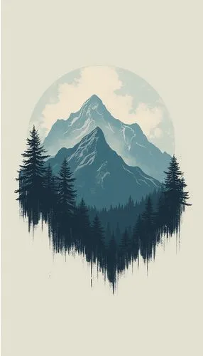 Generate a t-shirt graphic featuring a minimalist nature theme with a modern twist. The design should depict a stylized mountain range or forest silhouette with clean lines and simple shapes. Incorpor