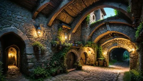 medieval architecture,hobbiton,medieval street,fairy village,tunnel of plants,medieval,fairy tale castle,the threshold of the house,arches,pointed arch,3d fantasy,fairytale castle,wine cellar,plant tunnel,archway,hall of the fallen,fantasy picture,fantasy landscape,labyrinth,knight village,Photography,General,Fantasy