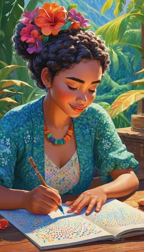 moana,tiana,merida,polynesian girl,girl studying,rapunzel,girl in flowers,polynesian,flower painting,hula,pocahontas,polynesia,girl picking flowers,color pencils,jasmine,girl drawing,luau,frida,painting technique,jasmine blossom,Conceptual Art,Daily,Daily 31