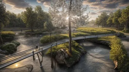 Haz la imagen realista, con un cielo nublado. Agrega aves volando ,landscape designers sydney,landscape design sydney,wooden bridge,river of life project,scenic bridge,flooded pathway,segmental bridge