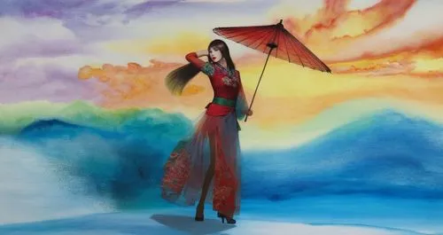 An amazing japanese young woman  with red lips and green eyes,a painting with woman in a long dress holding an umbrella,summer umbrella,asian umbrella,umbrella,overhead umbrella,watercolor women acces