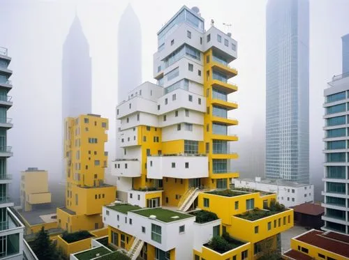 white + accent yellow building ,aluminium cladding, big glass windows,a yellow and white building with several balconies in the sky,cube stilt houses,kimmelman,hejduk,cubic house,apartment block,apart