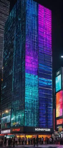 Billboard, futuristic architecture, neon lights, sleek metal beams, LED displays, giant screen, urban cityscape, night view, Tokyo streets, towering skyscrapers, busy pedestrian crossing, vibrant colo