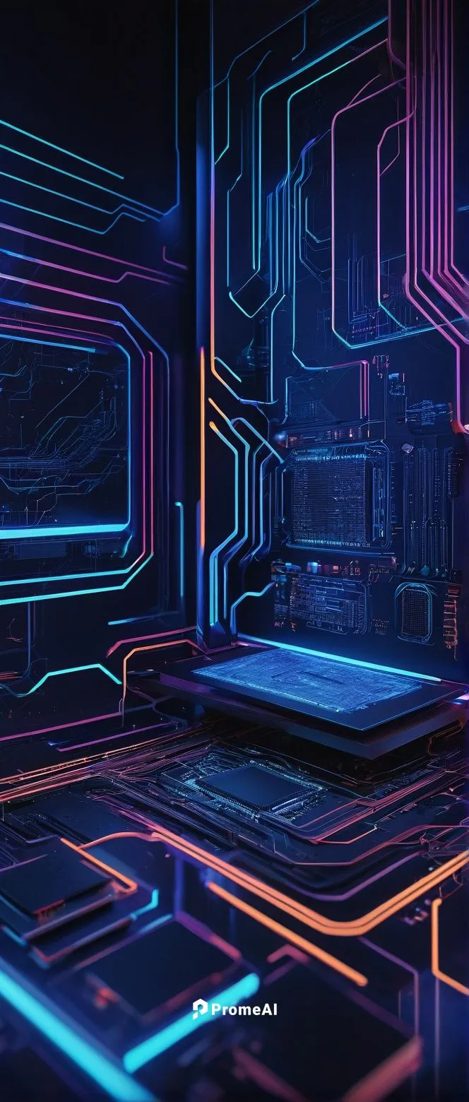 Software architecture diagram, futuristic digital background, neon lights, circuit boards, wires, motherboards, coding screens, minimalistic design, dark blue tone, 3D visualization, futuristic fonts,