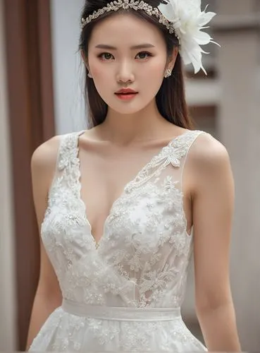 林志玲，白色礼服,a young woman in a wedding dress is posing for the camera,bridal dress,bridal gown,bridal,wedding dress,wedding gown,yifei,Photography,General,Realistic