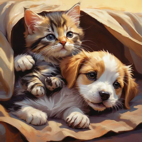 dog and cat,dog - cat friendship,kittens,calico cat,two cats,corgis,pet portrait,cat lovers,pets,cute animals,ginger kitten,cuddled up,bundle,pillow,companion dog,felines,snuggle,companionship,pet supply,loaves,Conceptual Art,Fantasy,Fantasy 18