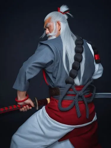 Japanese warrior. Very long nose. Red skin. White hair, beard, mustache and eyebrows. Gray and shabby karategi. Unsheathing katana,Samurai Pai Mei,Samurai,Pai Mei,Fantasía ,Photography,General,Fantasy