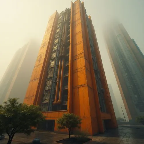 Brutalist skyscraper, Tangerine Dream color scheme, geometric shapes, rugged concrete texture, angular lines, urban cityscape, foggy morning atmosphere, dramatic backlighting, low-angle shot, 3/4 comp